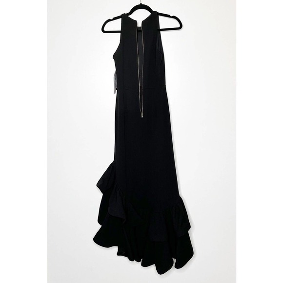 NWT Betsy & Adam Scuba Crepe Ruffle Slit Bottom Gown Womens Black Size 6P - Picture 5 of 7